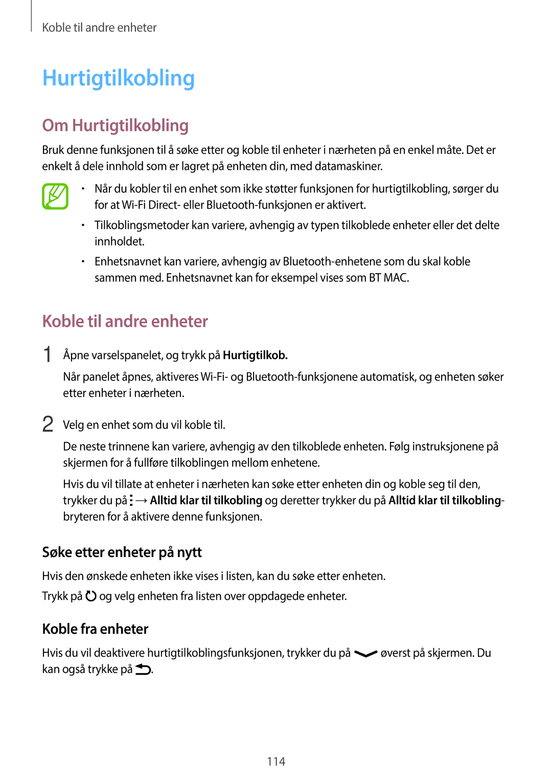 Samsung SM-G870FTSANEE, SM-G870FTSATEN manual Om Hurtigtilkobling, Søke etter enheter på nytt, Koble fra enheter 