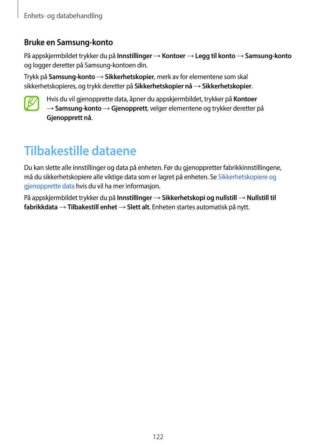 Samsung SM-G870FDGANEE, SM-G870FTSANEE, SM-G870FTSATEN manual Tilbakestille dataene, Bruke en Samsung-konto 