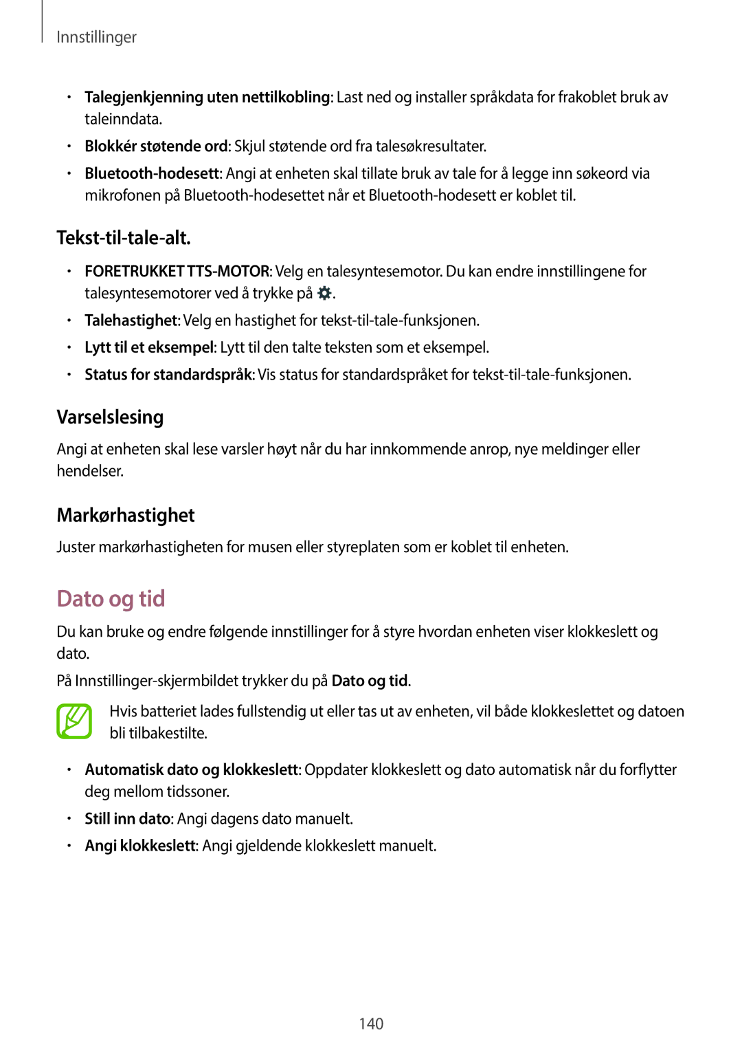 Samsung SM-G870FDGANEE, SM-G870FTSANEE, SM-G870FTSATEN manual Dato og tid, Tekst-til-tale-alt, Varselslesing, Markørhastighet 