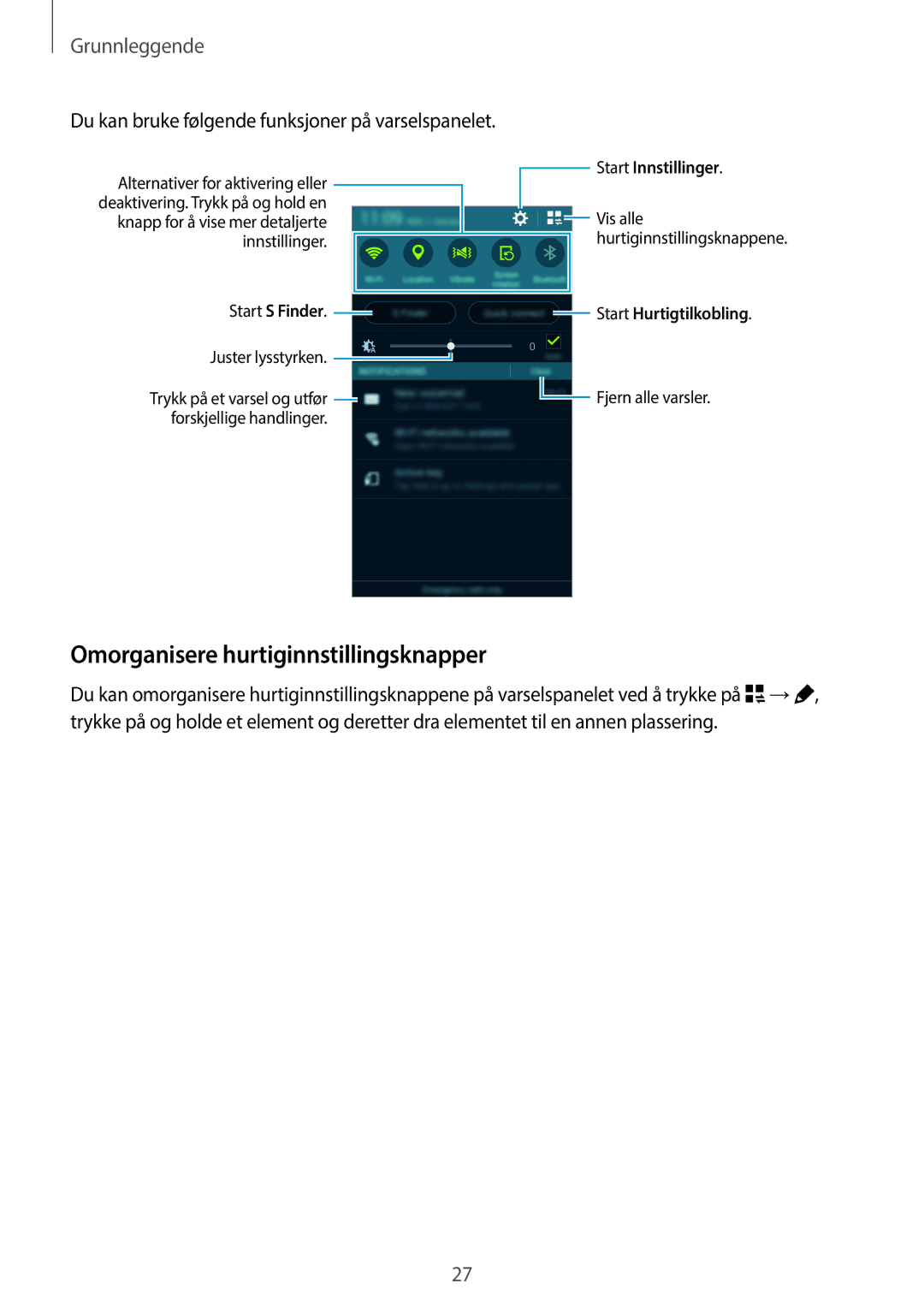 Samsung SM-G870FTSANEE manual Omorganisere hurtiginnstillingsknapper, Du kan bruke følgende funksjoner på varselspanelet 