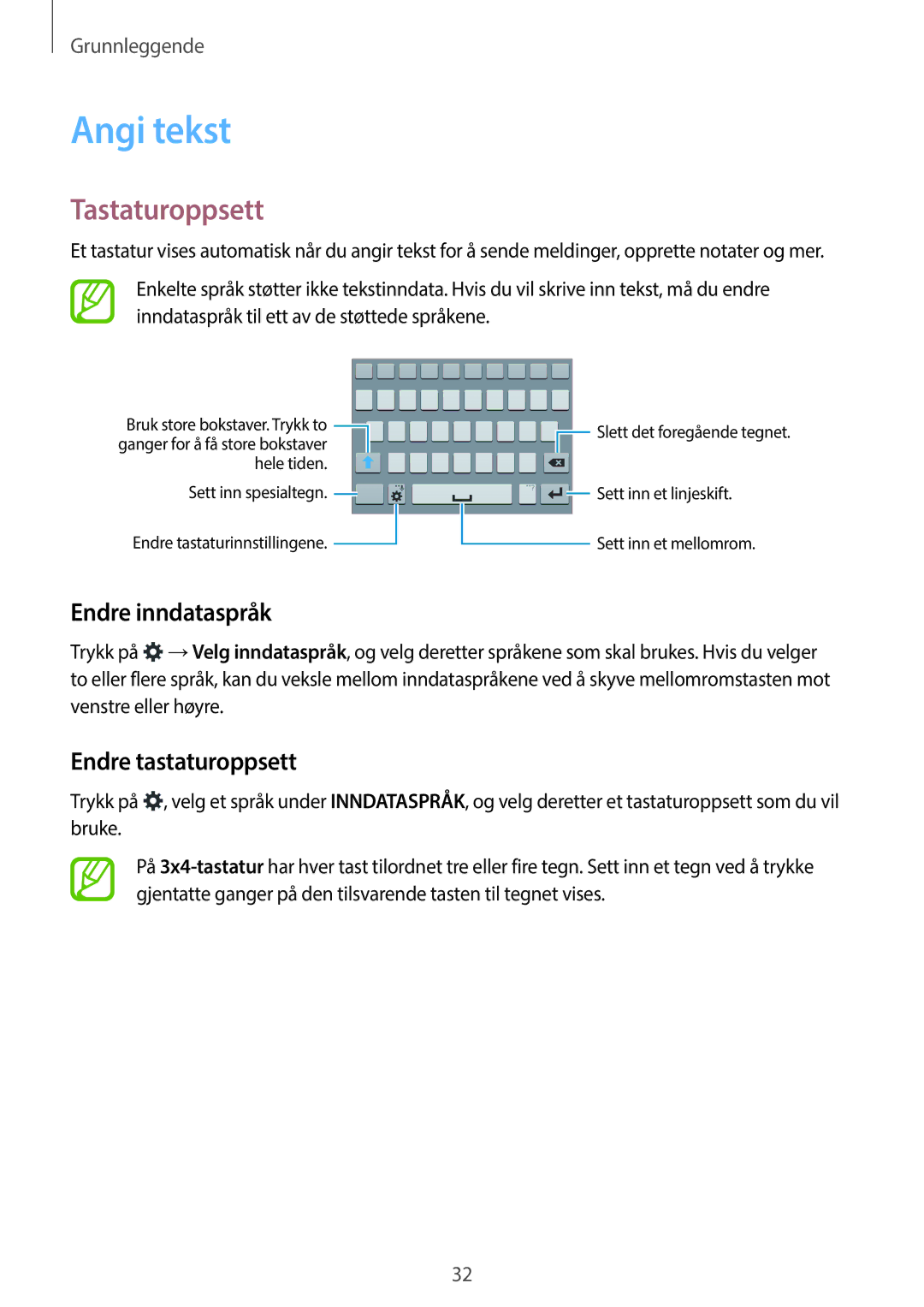 Samsung SM-G870FDGANEE, SM-G870FTSANEE manual Angi tekst, Tastaturoppsett, Endre inndataspråk, Endre tastaturoppsett 