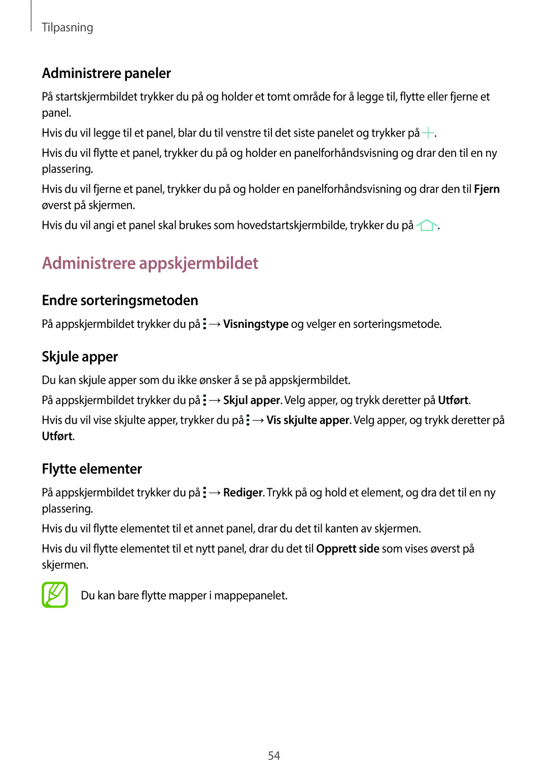 Samsung SM-G870FTSANEE manual Administrere appskjermbildet, Administrere paneler, Endre sorteringsmetoden, Skjule apper 