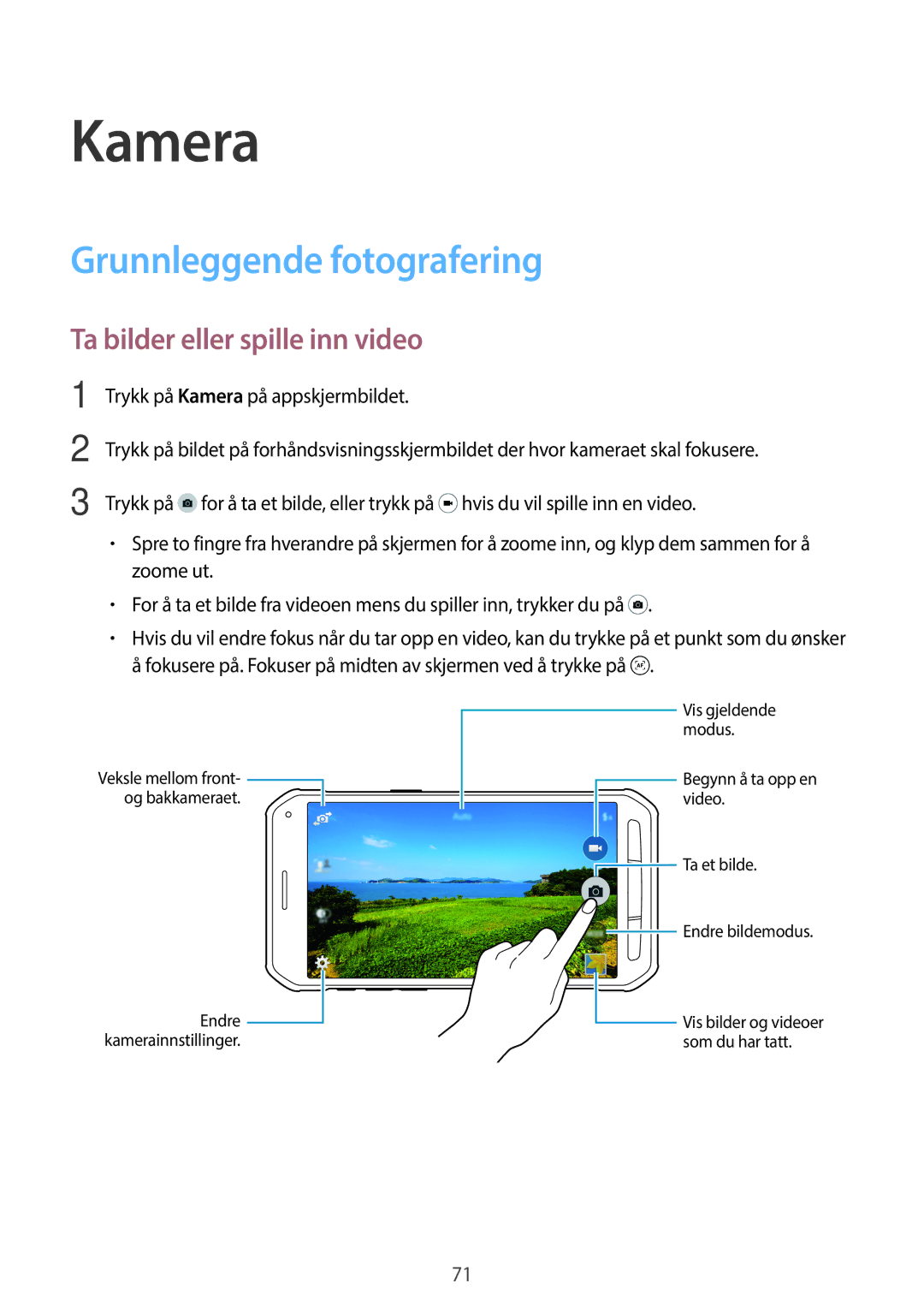 Samsung SM-G870FDGANEE, SM-G870FTSANEE manual Kamera, Grunnleggende fotografering, Ta bilder eller spille inn video 