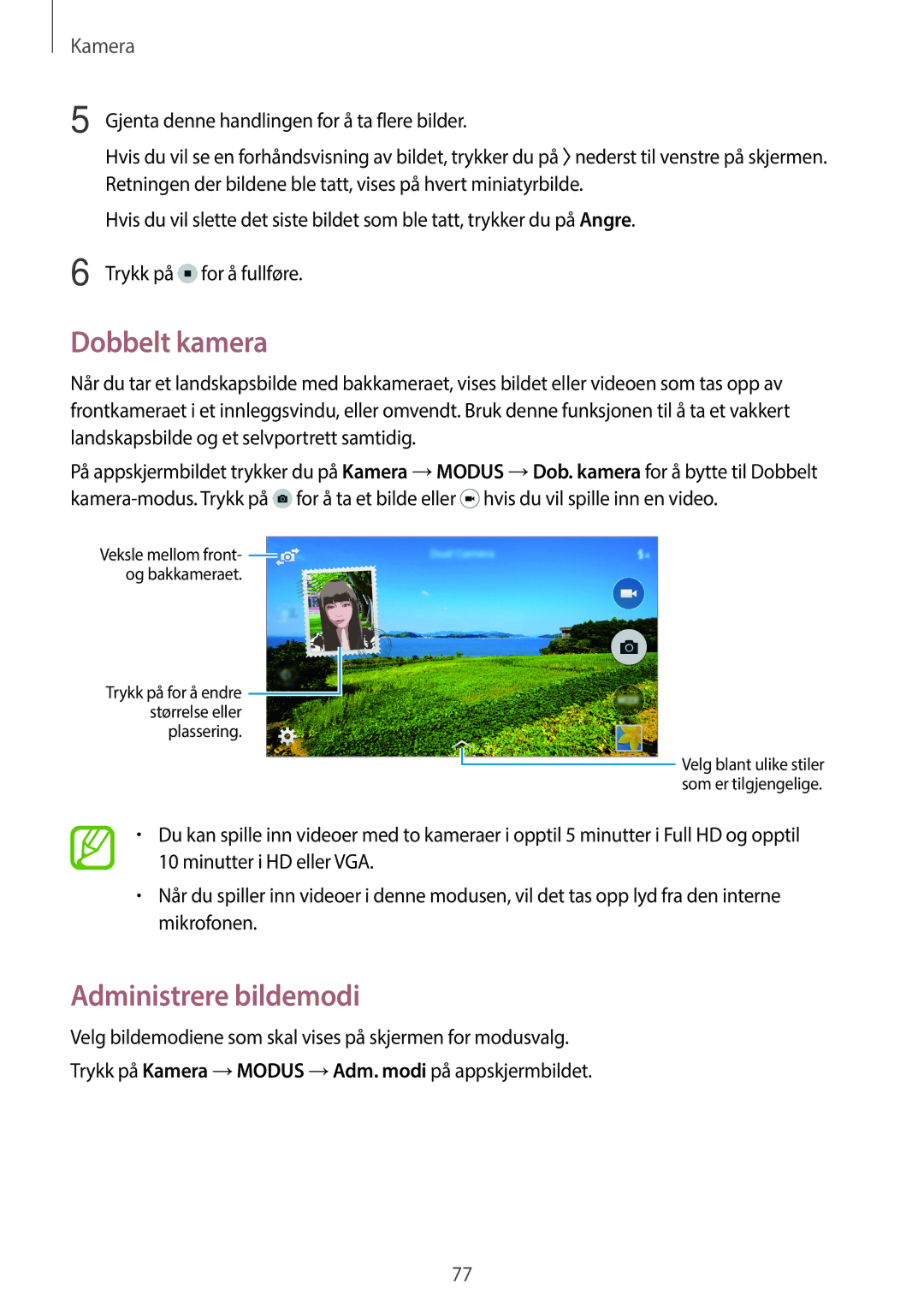 Samsung SM-G870FDGANEE, SM-G870FTSANEE, SM-G870FTSATEN manual Dobbelt kamera, Administrere bildemodi 