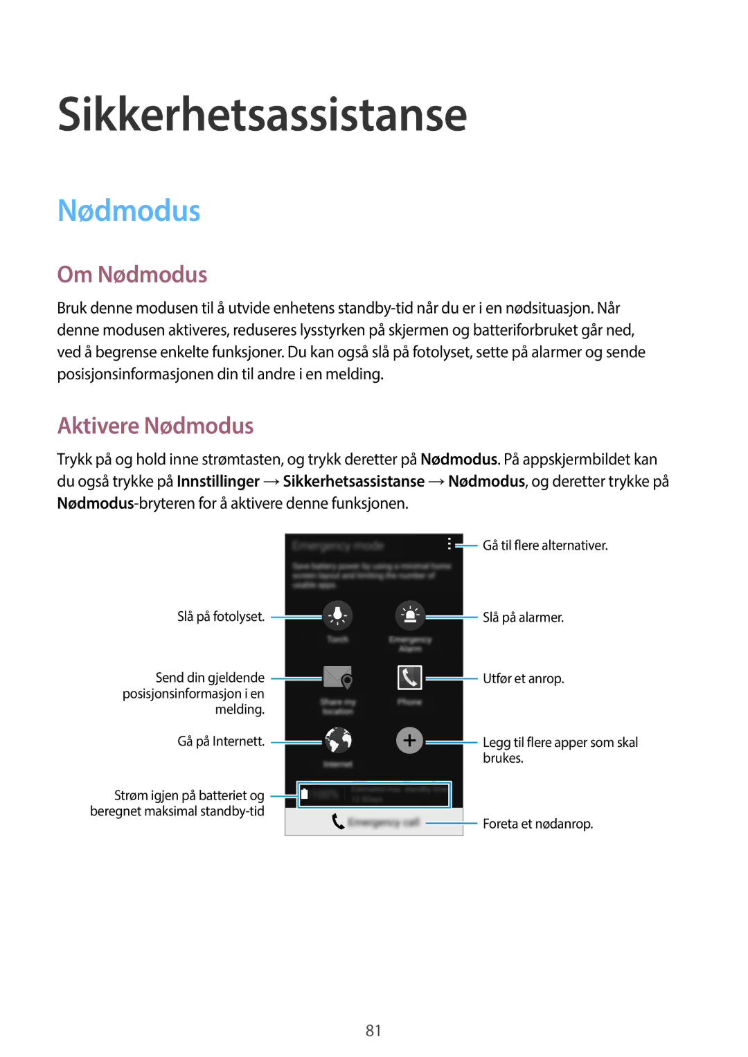 Samsung SM-G870FTSANEE, SM-G870FTSATEN, SM-G870FDGANEE manual Sikkerhetsassistanse, Om Nødmodus, Aktivere Nødmodus 