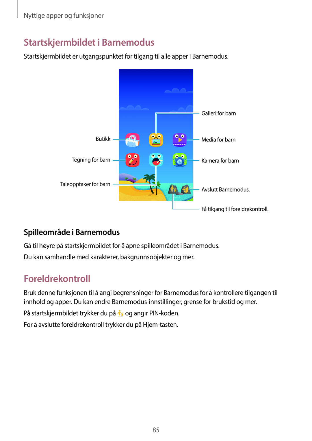 Samsung SM-G870FTSATEN, SM-G870FTSANEE manual Startskjermbildet i Barnemodus, Foreldrekontroll, Spilleområde i Barnemodus 