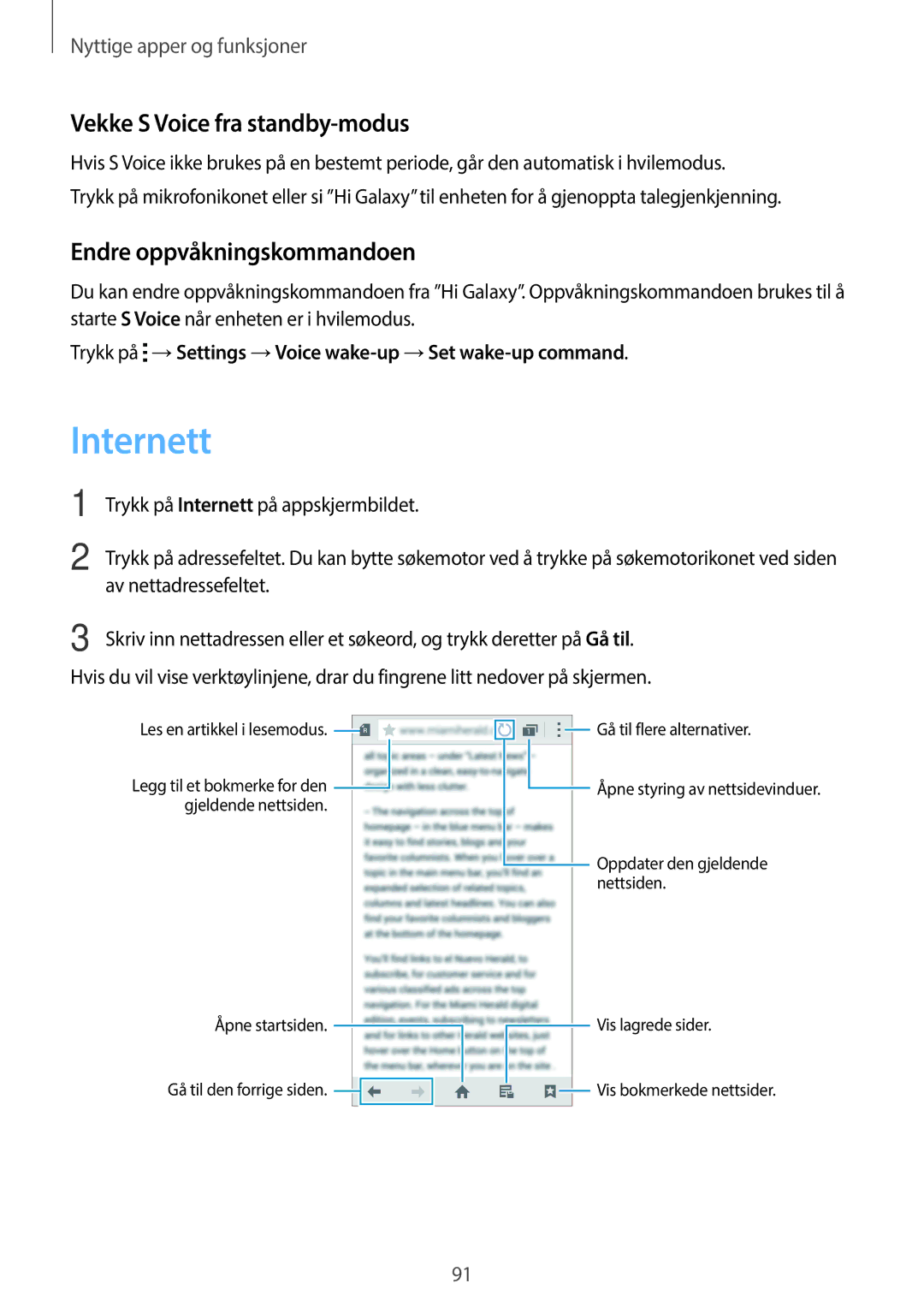 Samsung SM-G870FTSATEN, SM-G870FTSANEE manual Internett, Vekke S Voice fra standby-modus, Endre oppvåkningskommandoen 