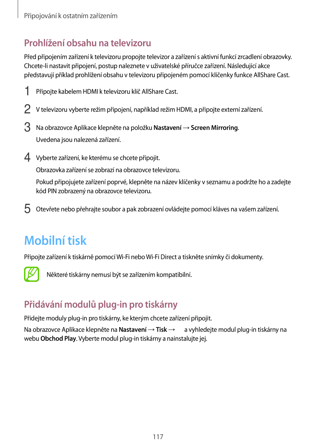 Samsung SM-G870FDGAXEH manual Mobilní tisk, Prohlížení obsahu na televizoru, Přidávání modulů plug-in pro tiskárny 