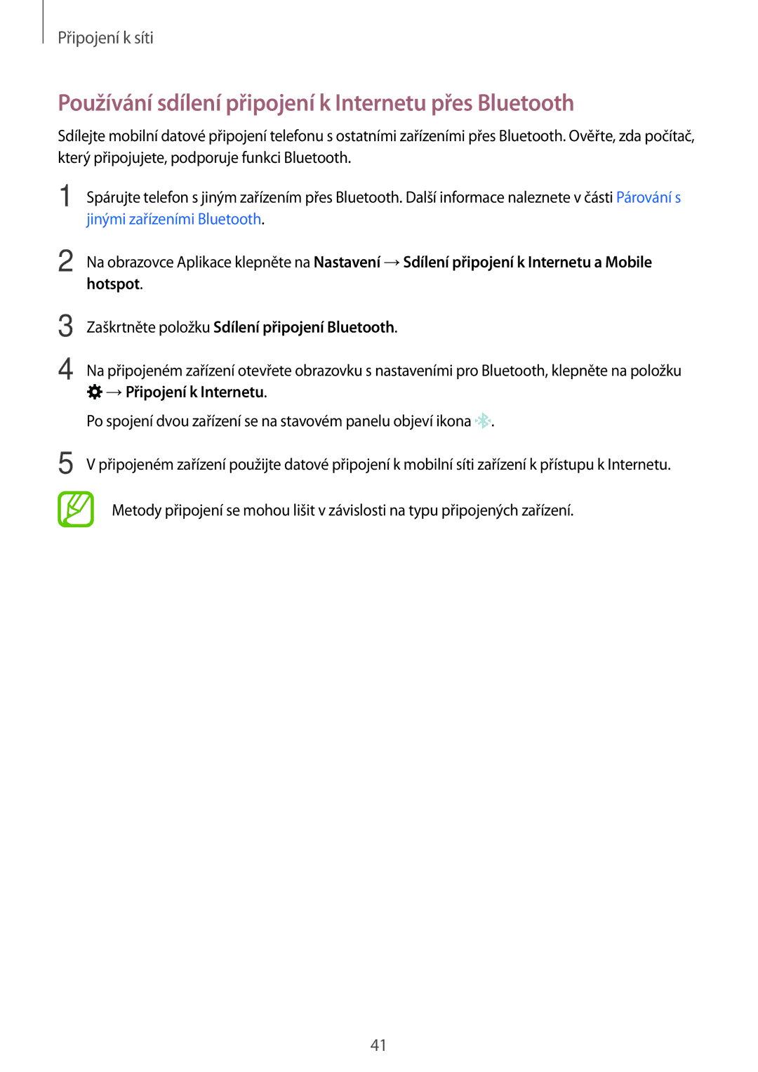 Samsung SM-G870FTSAATO, SM-G870FTSAPHN manual Používání sdílení připojení k Internetu přes Bluetooth, →Připojení k Internetu 