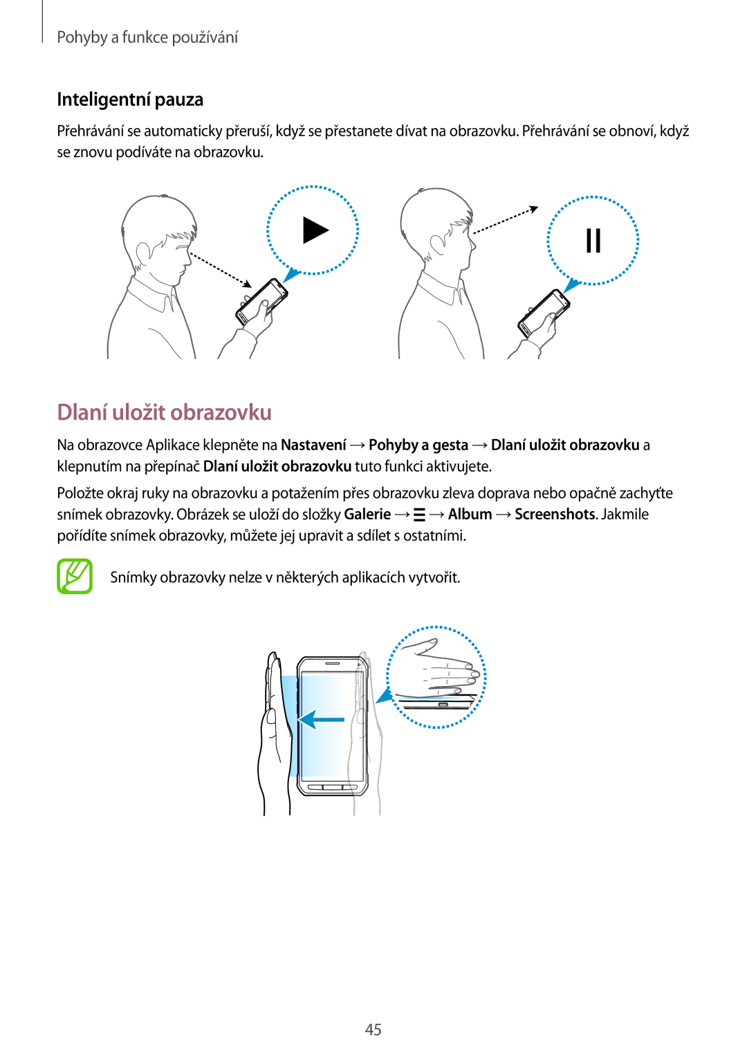 Samsung SM-G870FDGAXEO, SM-G870FTSAPHN, SM-G870FTSAAUT, SM-G870FDGAATO manual Dlaní uložit obrazovku, Inteligentní pauza 