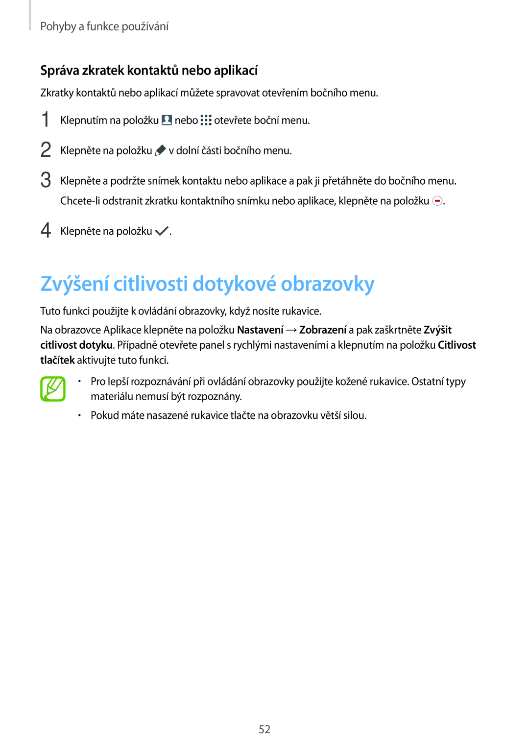 Samsung SM-G870FDGAXEO, SM-G870FTSAPHN manual Zvýšení citlivosti dotykové obrazovky, Správa zkratek kontaktů nebo aplikací 