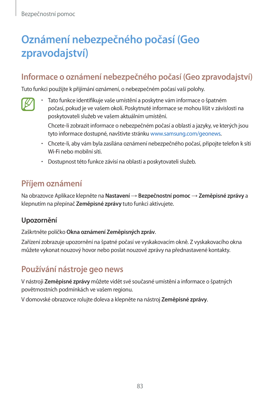 Samsung SM-G870FTSAATO manual Oznámení nebezpečného počasí Geo zpravodajství, Příjem oznámení, Používání nástroje geo news 