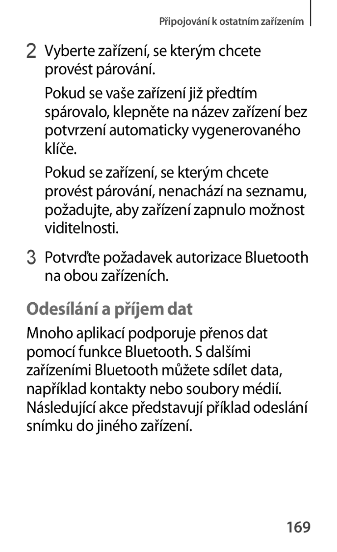 Samsung SM-G870FTSAAUT manual Odesílání a příjem dat, Potvrďte požadavek autorizace Bluetooth na obou zařízeních, 169 