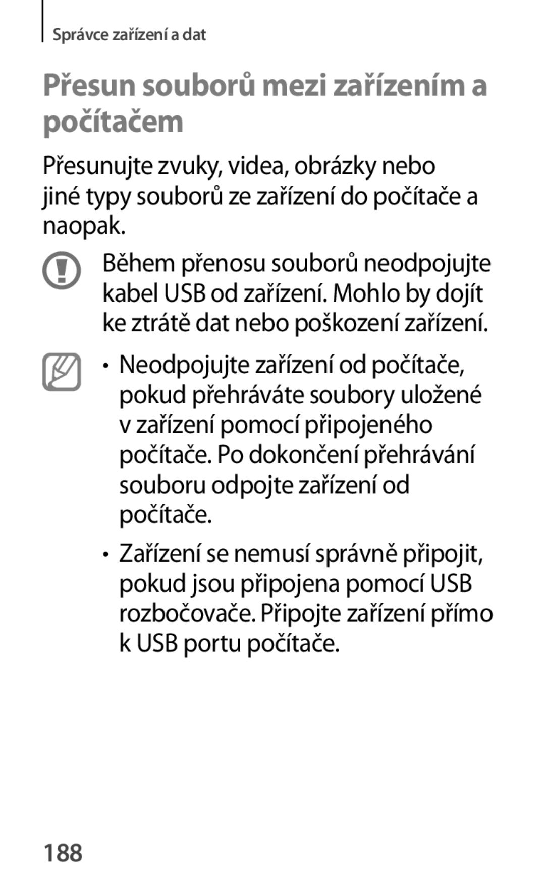 Samsung SM-G870FTSAATO, SM-G870FTSAPHN, SM-G870FTSAAUT, SM-G870FDGAATO manual Přesun souborů mezi zařízením a počítačem, 188 