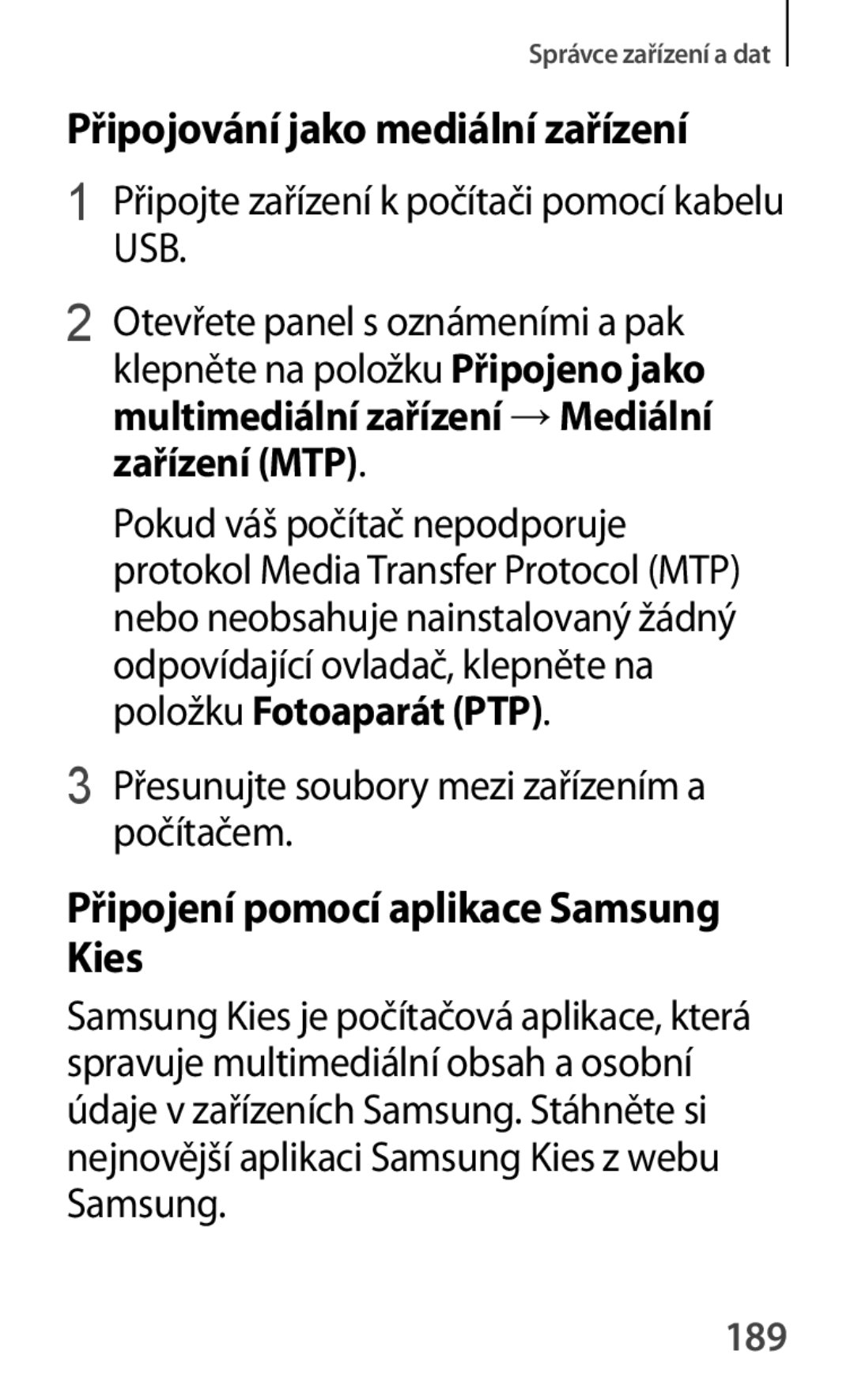 Samsung SM-G870FTSAPHN, SM-G870FTSAAUT Připojování jako mediální zařízení, Připojení pomocí aplikace Samsung Kies, 189 