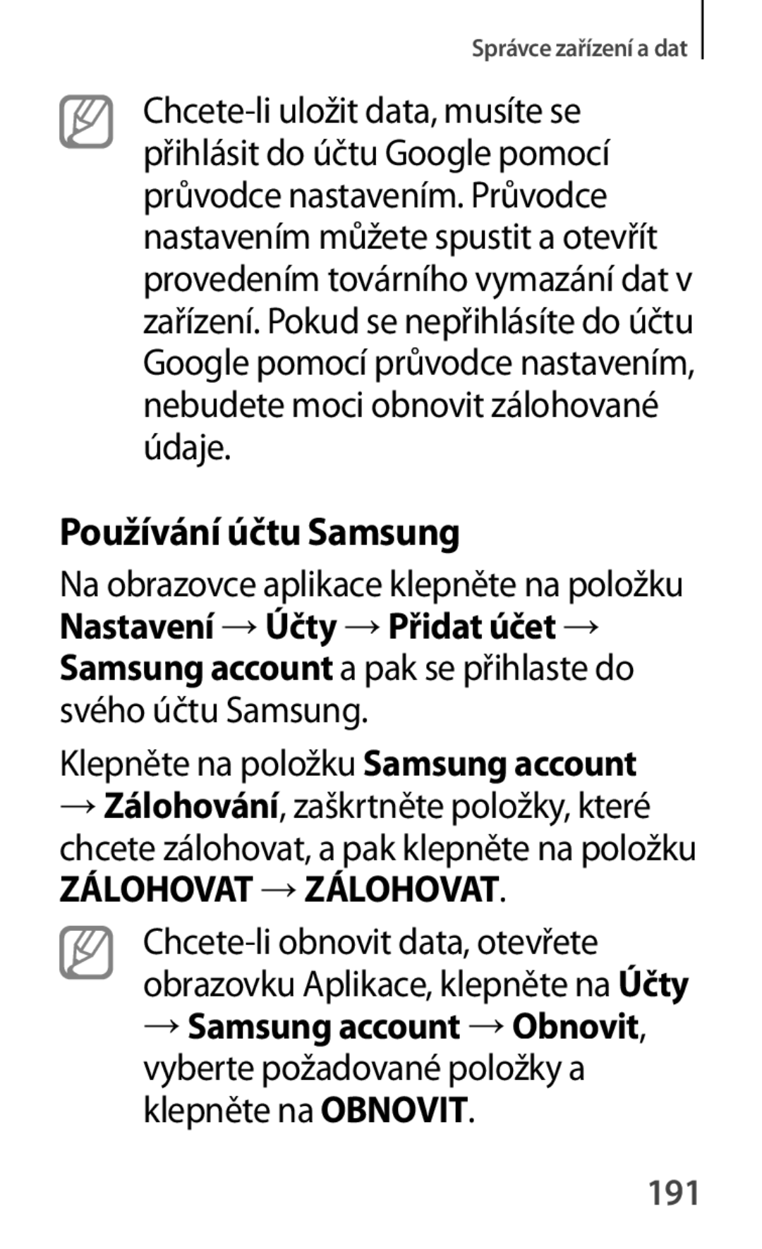 Samsung SM-G870FDGAATO, SM-G870FTSAPHN, SM-G870FTSAAUT, SM-G870FDGAXEO, SM-G870FTSAXEH manual Používání účtu Samsung, 191 