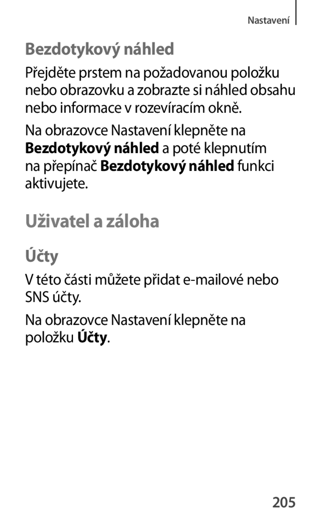 Samsung SM-G870FDGAATO, SM-G870FTSAPHN, SM-G870FTSAAUT, SM-G870FDGAXEO manual Uživatel a záloha, Bezdotykový náhled, Účty, 205 