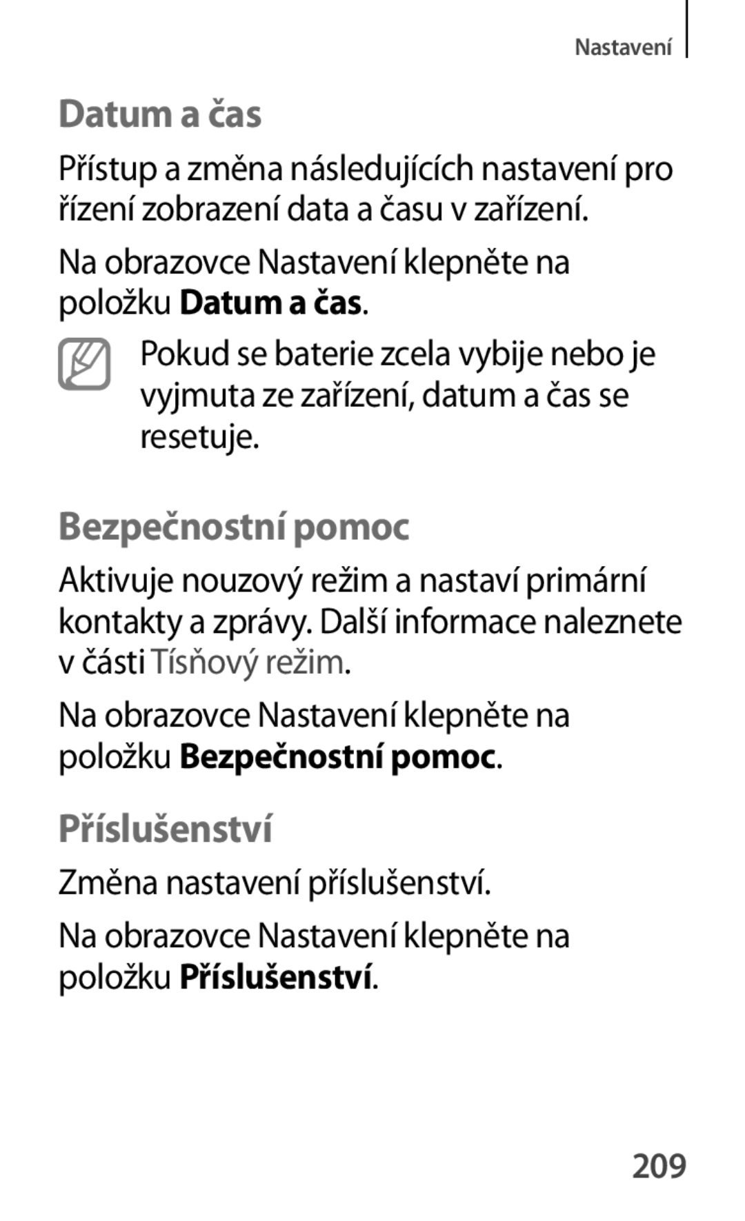 Samsung SM-G870FTSAATO, SM-G870FTSAPHN Datum a čas, Bezpečnostní pomoc, Příslušenství, Změna nastavení příslušenství, 209 