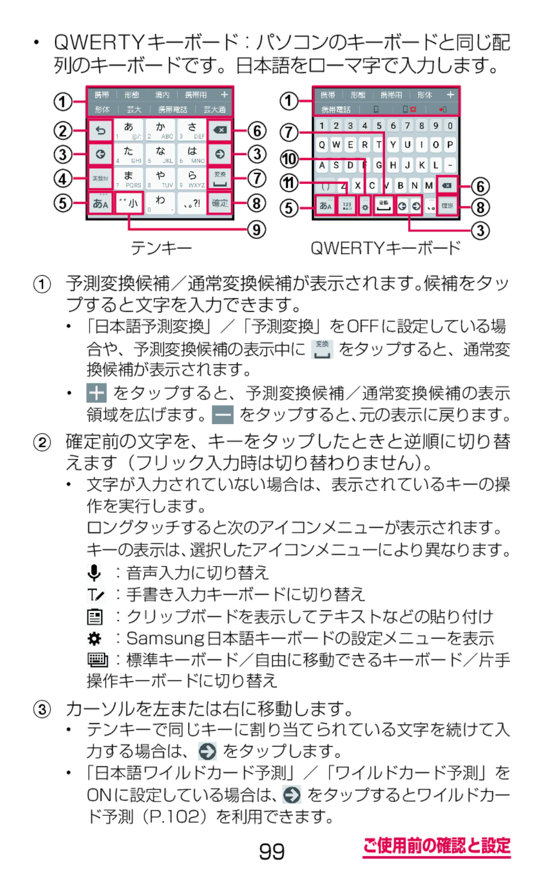 Samsung SM-G900DZKEDCM Qwertyキーボード：パソコンのキーボードと同じ配 列のキーボードです。日本語をローマ字で入力します。, 予測変換候補／通常変換候補が表示されます。候補をタッ プすると文字を入力できます。 