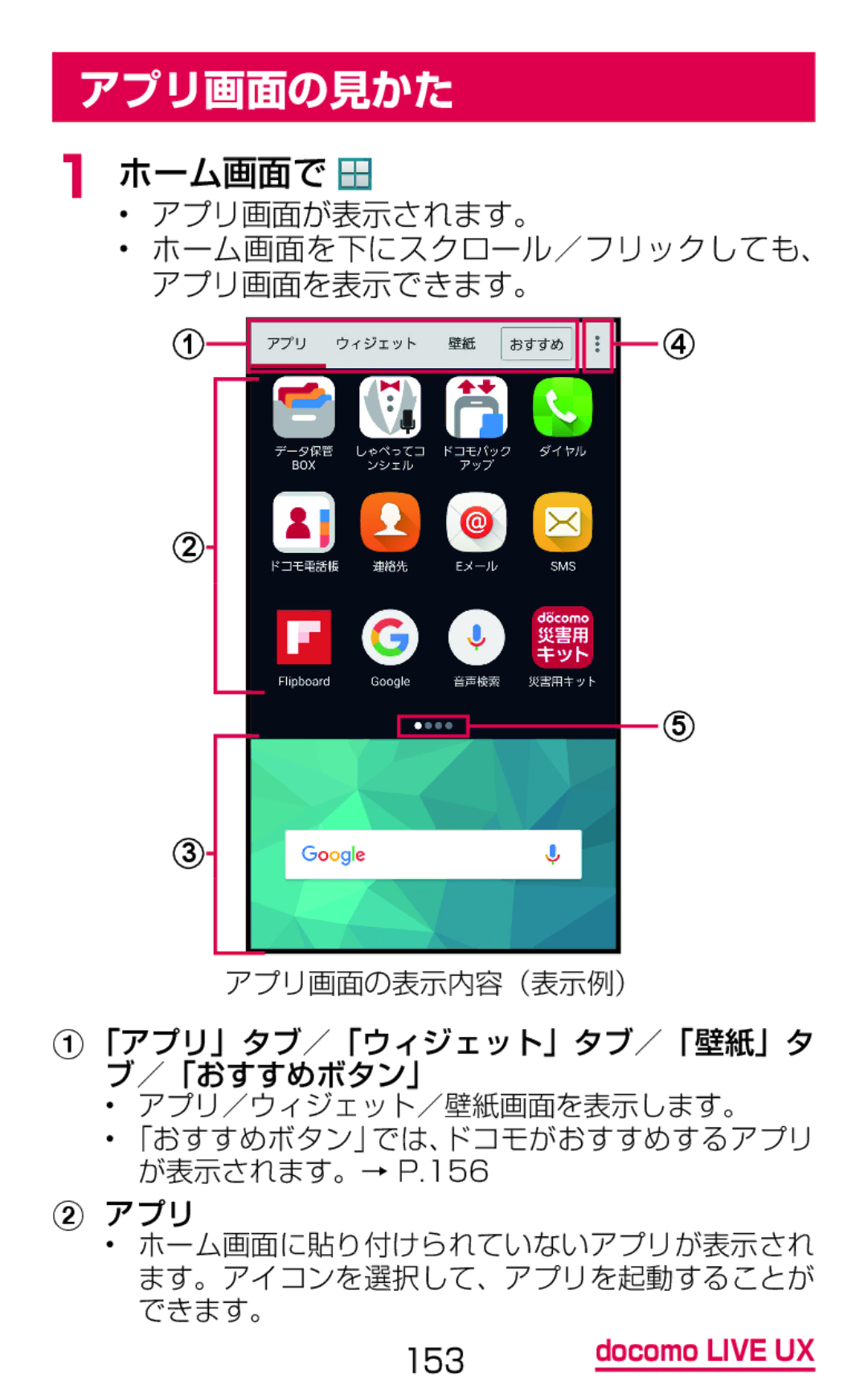 Samsung SM-G900DZKEDCM, SM-G900DZWEDCM manual アプリ画面の見かた, ホーム画面で, アプリ画面が表示されます。 ホーム画面を下にスクロール／フリックしても、 アプリ画面を表示できます。 