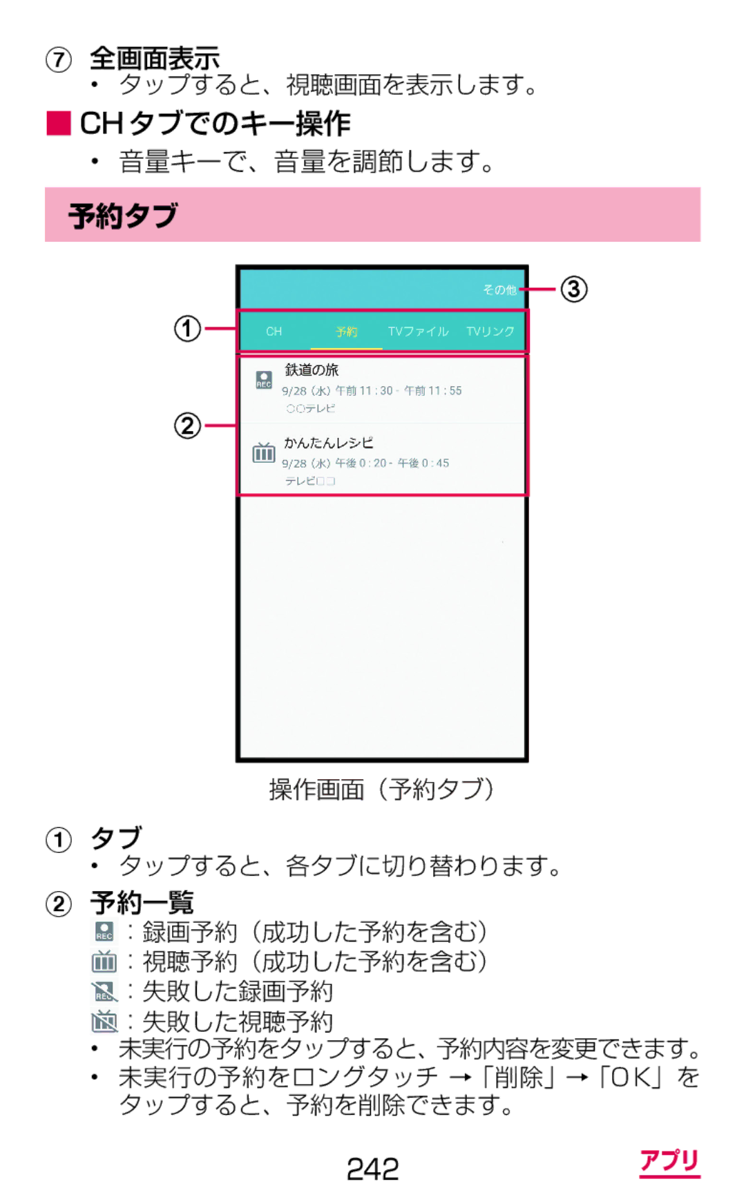 Samsung SM-G900DSIEDCM, SM-G900DZWEDCM, SM-G900DZKEDCM manual 全画面表示, Chタブでのキー操作 音量キーで、音量を調節します。, 予約タブ, 予約一覧 