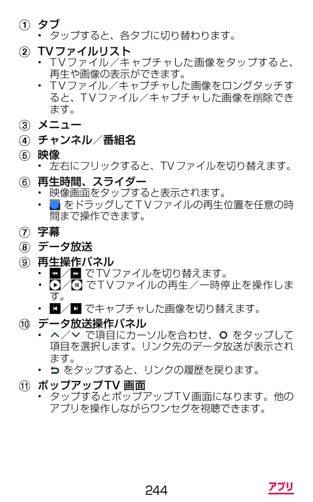 Samsung SM-G900DZWEDCM, SM-G900DSIEDCM, SM-G900DZKEDCM Tvファイルリスト, メニュー チャンネル／番組名, 再生時間、スライダー, データ放送 再生操作パネル, ポップアップtv 画面 