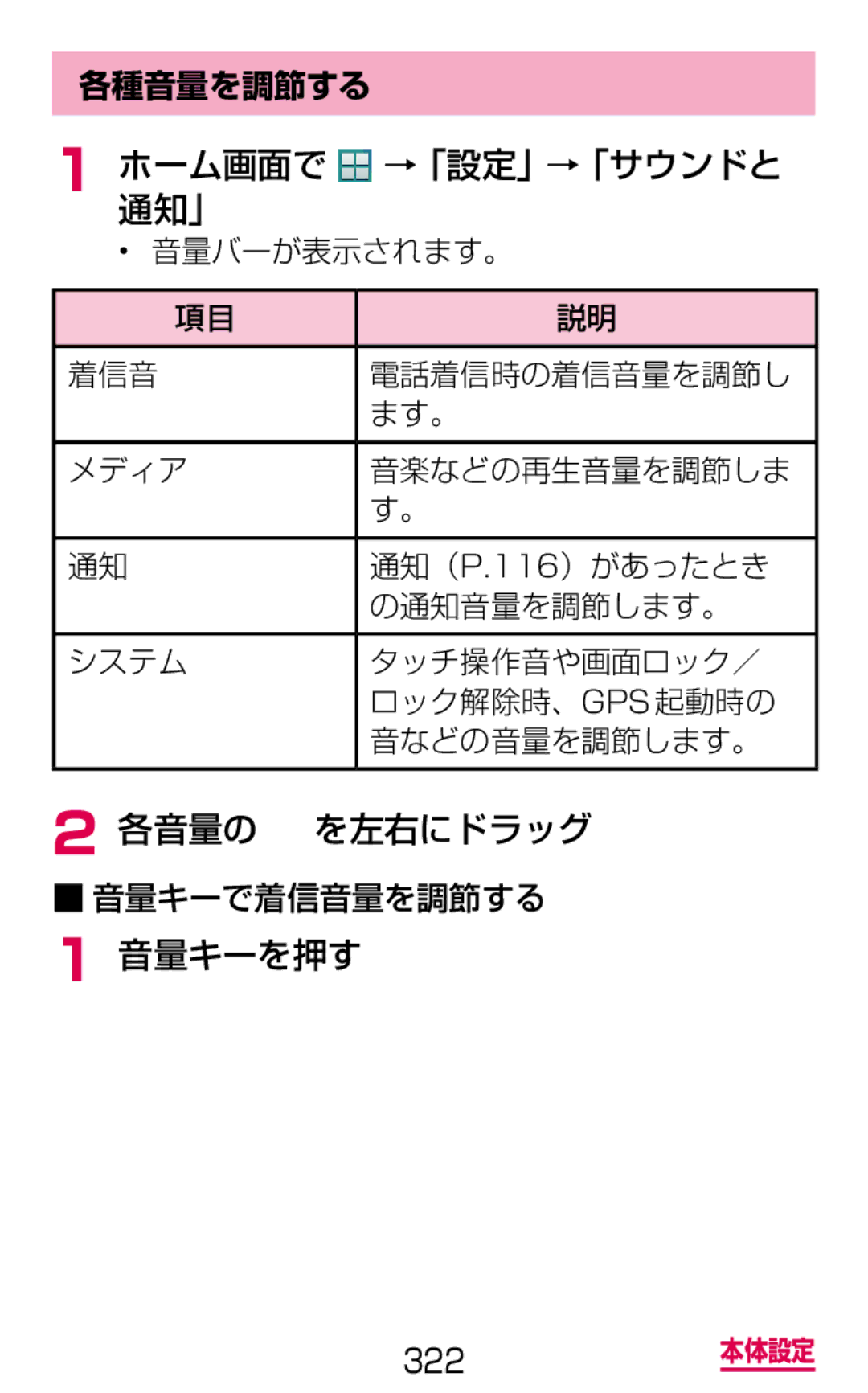 Samsung SM-G900DZWEDCM, SM-G900DSIEDCM manual ホーム画面で通知」 →「設定」→「サウンドと, 各音量の を左右にドラッグ, 音量キーを押す, 各種音量を調節する, 音量キーで着信音量を調節する 