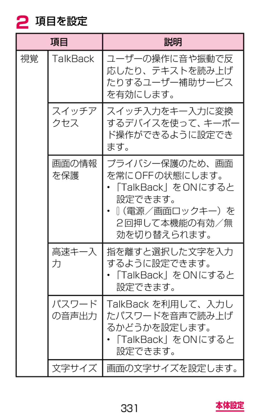 Samsung SM-G900DZWEDCM ユーザーの操作に音や振動で反, 応したり、テキストを読み上げ, たりするユーザー補助サービス, を有効にします。, 設定できます。, （電源／画面ロックキー）を, 回押して本機能の有効／無 