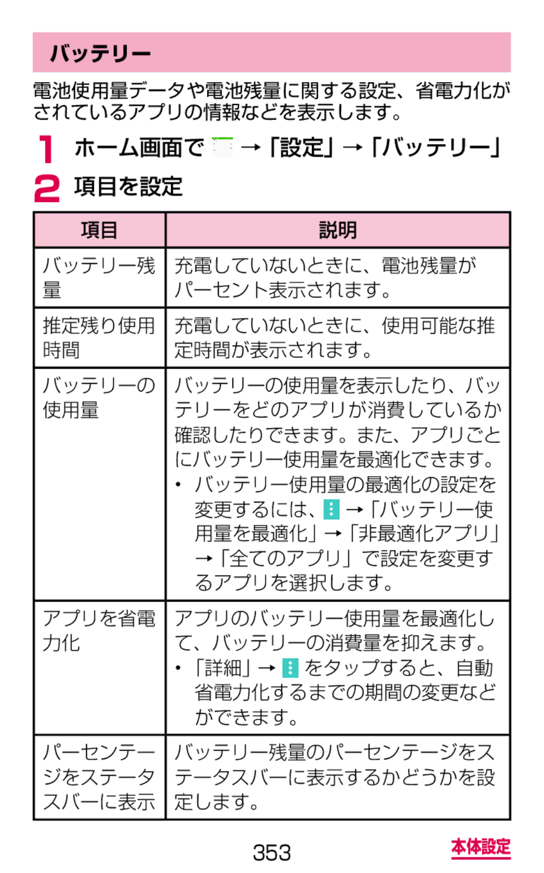 Samsung SM-G900DSIEDCM, SM-G900DZWEDCM manual ホーム画面で →「設定」→「バッテリー」 項目を設定, 電池使用量データや電池残量に関する設定、省電力化が されているアプリの情報などを表示します。 