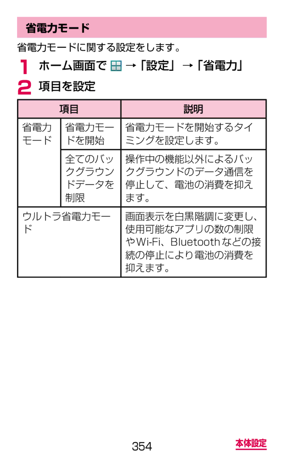 Samsung SM-G900DZKEDCM, SM-G900DZWEDCM manual ホーム画面で →「設定」 →「省電力」 項目を設定, 省電力モードに関する設定をします。, 続の停止により電池の消費を, 抑えます。 