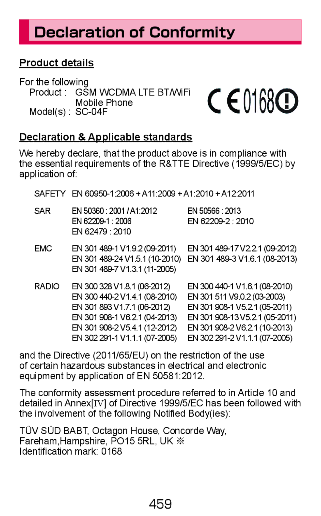 Samsung SM-G900DZKEDCM, SM-G900DZWEDCM, SM-G900DSIEDCM manual Declaration of Conformity 