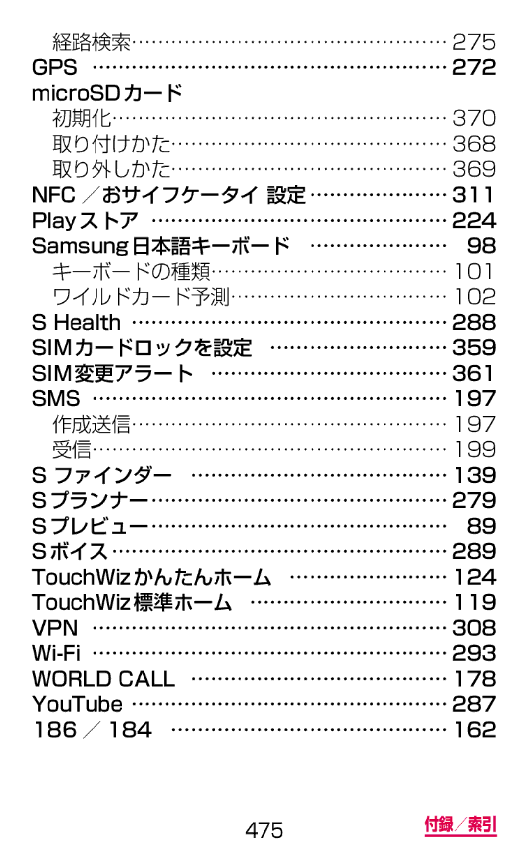 Samsung SM-G900DZWEDCM, SM-G900DSIEDCM, SM-G900DZKEDCM manual 475 付録／索引 