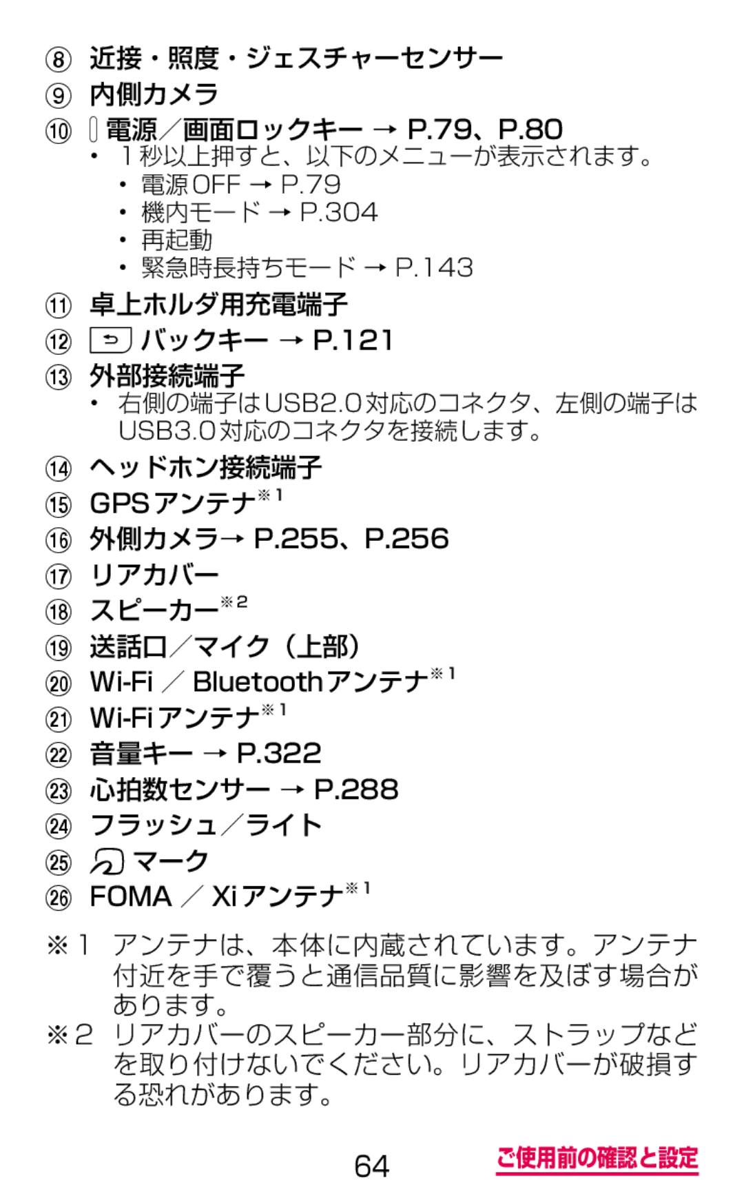 Samsung SM-G900DZWEDCM 近接・照度・ジェスチャーセンサー 内側カメラ 電源／画面ロックキー → P.79、P.80, 卓上ホルダ用充電端子 バックキー → P.121 外部接続端子, ヘッドホン接続端子 GPSアンテナ※1 