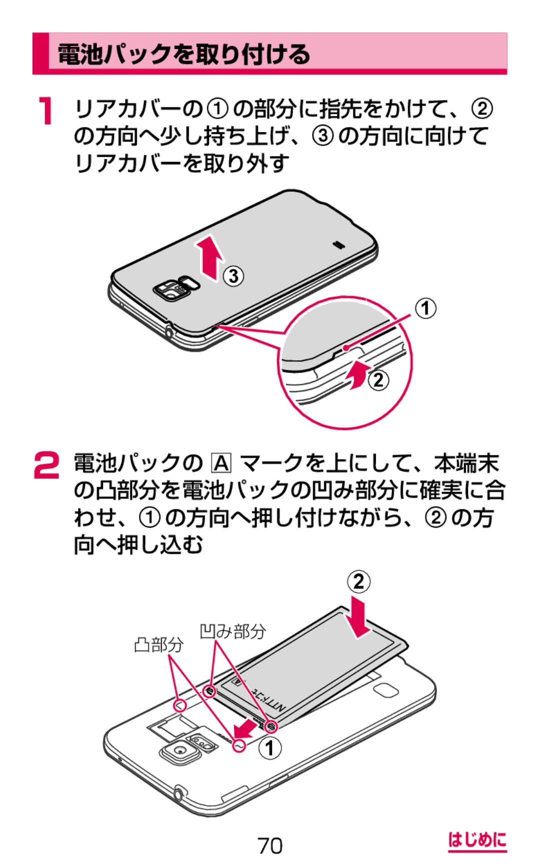 Samsung SM-G900DZWEDCM, SM-G900DSIEDCM, SM-G900DZKEDCM manual 電池パックを取り付ける 