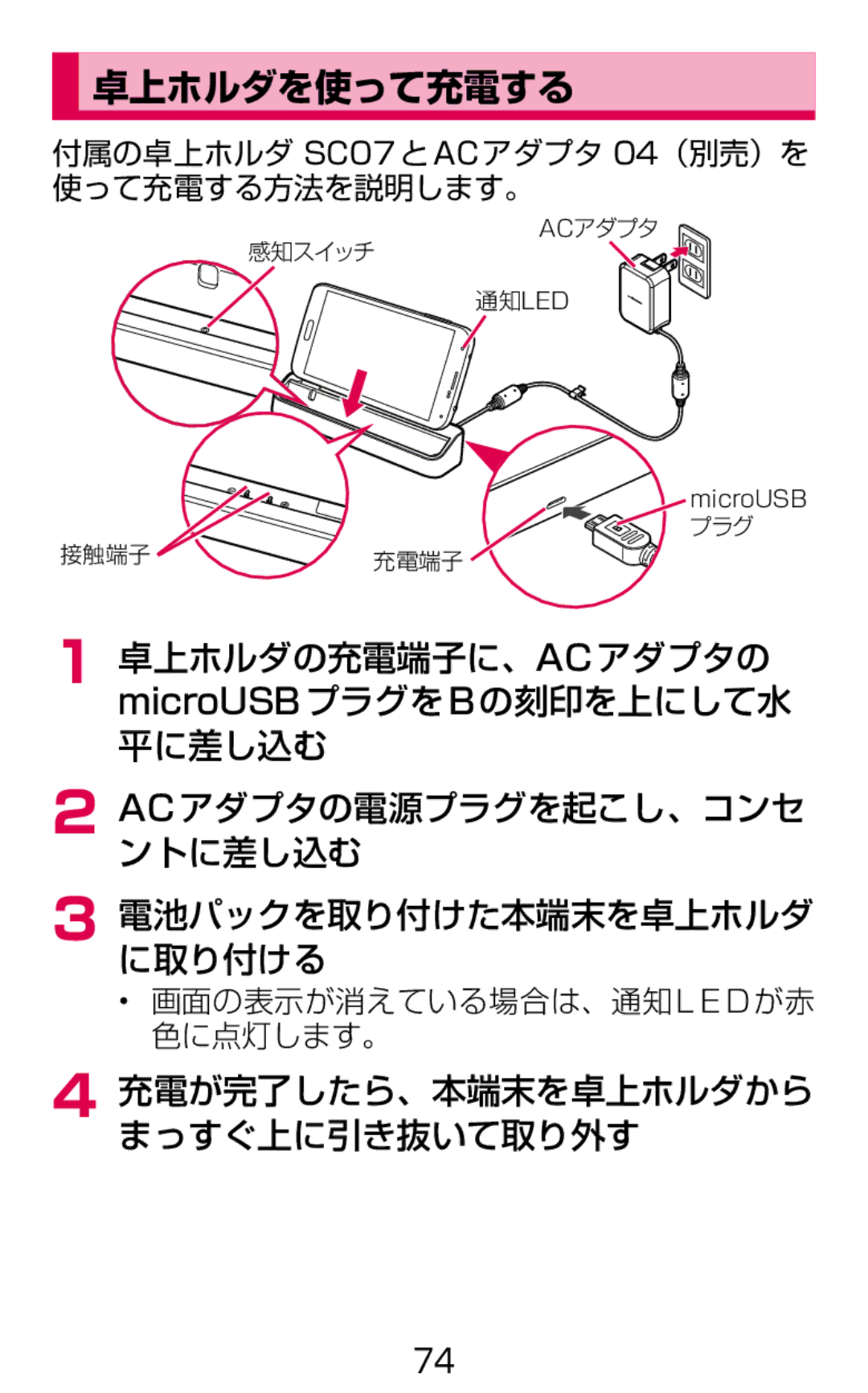 Samsung SM-G900DSIEDCM 卓上ホルダを使って充電する, 付属の卓上ホルダ SC07とACアダプタ 04（別売）を 使って充電する方法を説明します。, 画面の表示が消えている場合は、通知 L E D が赤 色に点灯します。 