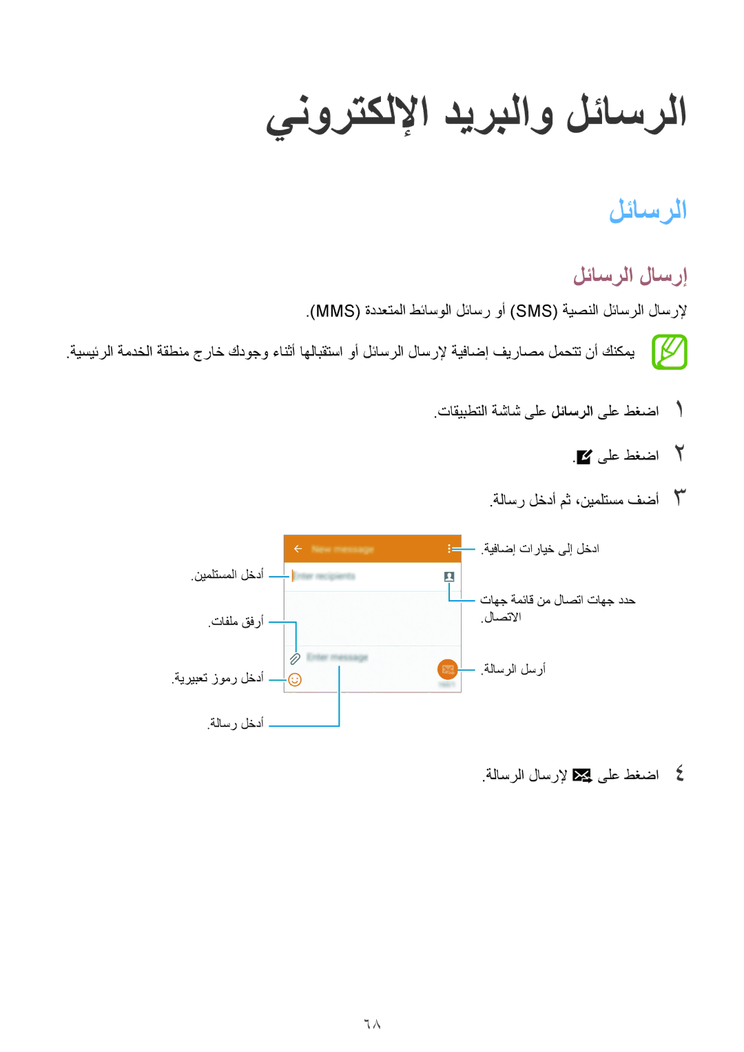 Samsung SM-G900FZBAKSA manual ينورتكللإا ديربلاو لئاسرلا, لئاسرلا لاسرإ, ةلاسرلا لاسرلإ ىلع طغضا4 