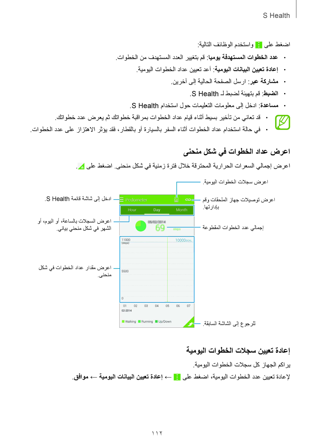 Samsung SM-G900FZBAKSA manual ىنحنم لكش يف تاوطخلا دادع ضرعا, ةيمويلا تاوطخلا تلاجس نييعت ةداعإ, 112 