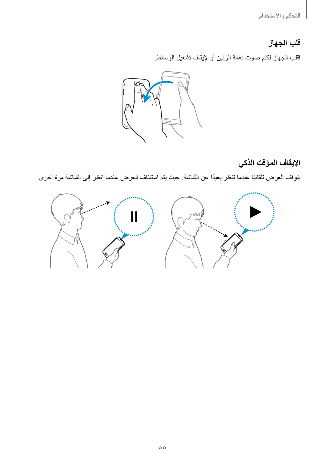 Samsung SM-G900FZBAKSA manual يكذلا تقؤملا فاقيلإا, طئاسولا ليغشت فاقيلإ وأ نينرلا ةمغن توص متكل زاهجلا بلقا 