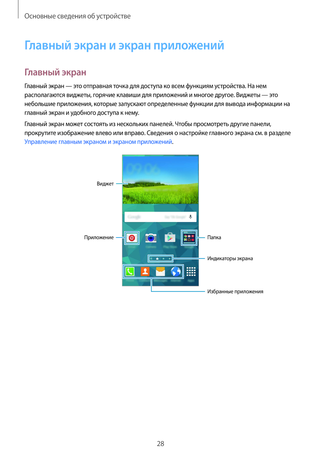 Samsung SM-G900FZBASER, SM-G900FZDASEB, SM-G900FZWASEB, SM-G900FZKASEB, SM-G900FZBASEB manual Главный экран и экран приложений 