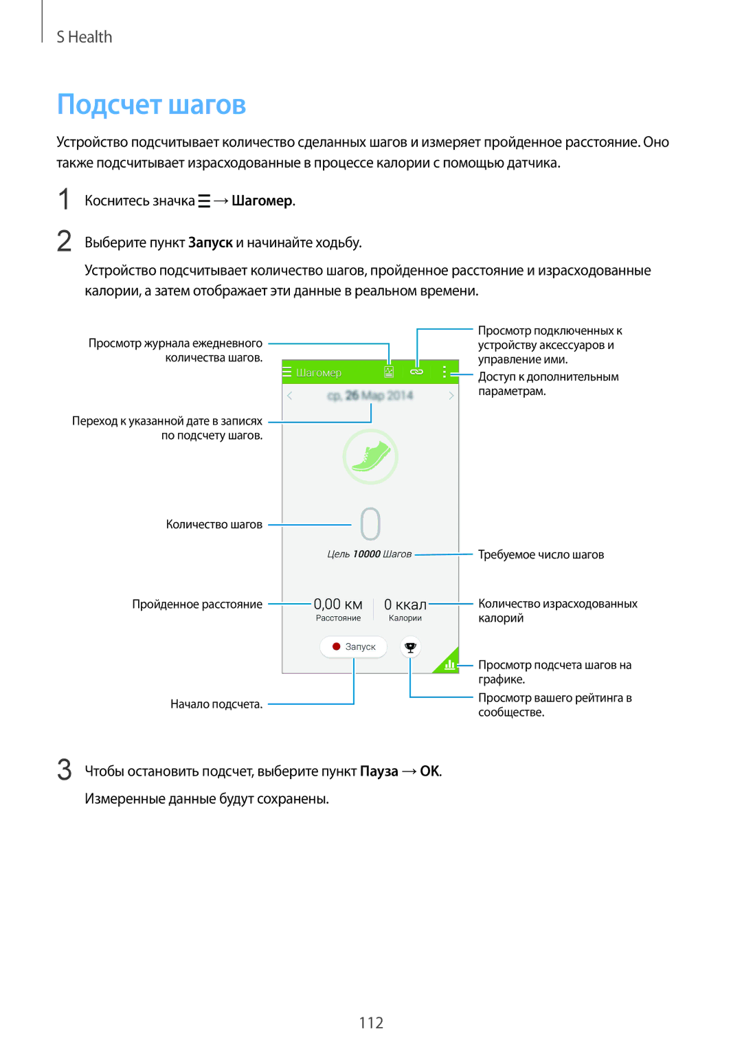 Samsung SM-G900FZDASEB, SM-G900FZWASEB manual Подсчет шагов, Количество шагов Пройденное расстояние Начало подсчета 