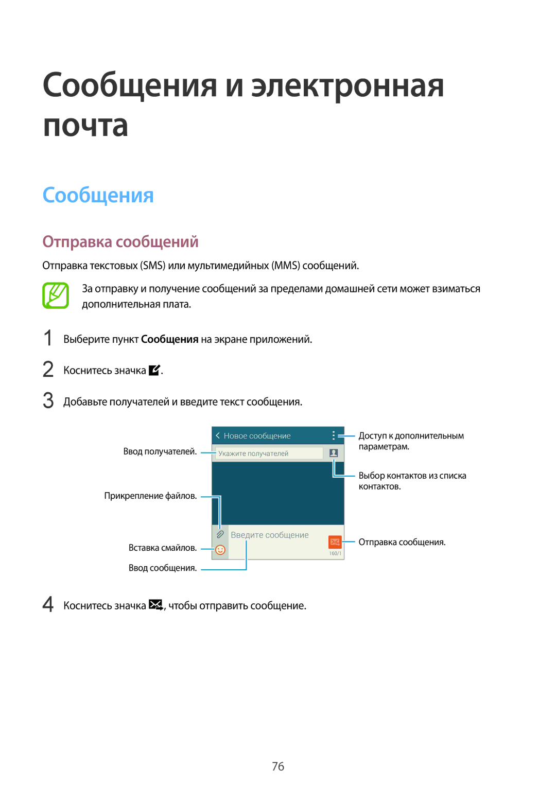 Samsung SM-G900FZBASER, SM-G900FZDASEB, SM-G900FZWASEB, SM-G900FZKASEB Сообщения и электронная почта, Отправка сообщений 