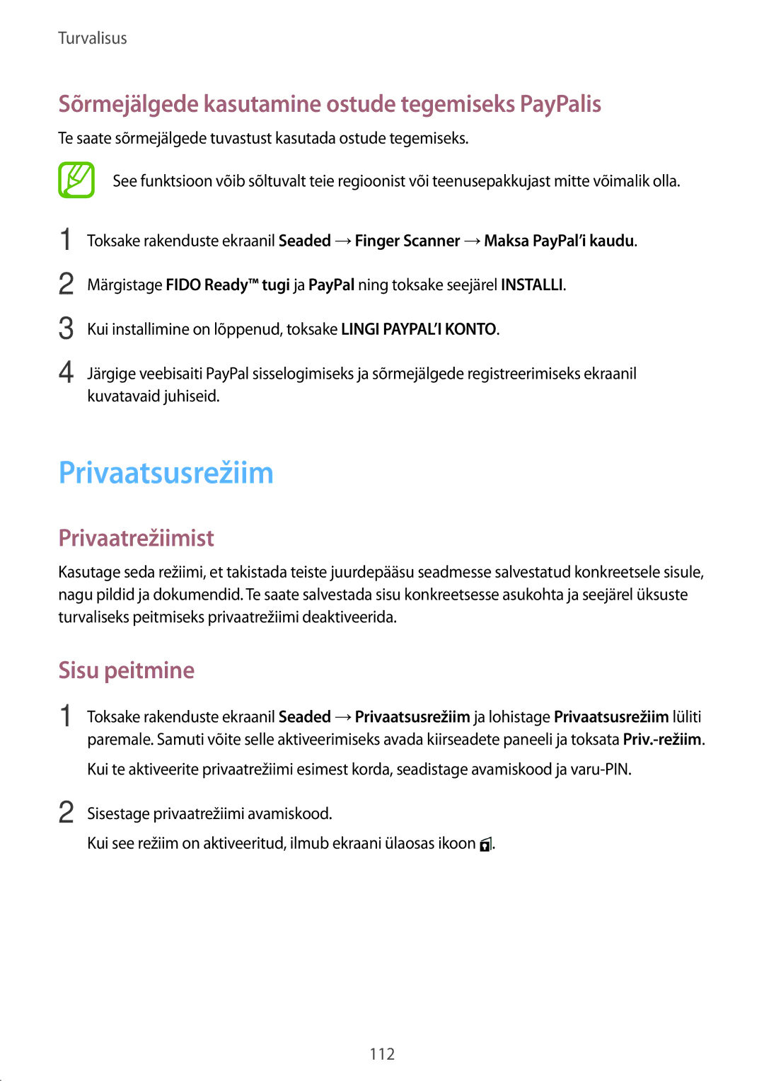 Samsung SM-G900FZDASEB manual Privaatsusrežiim, Sõrmejälgede kasutamine ostude tegemiseks PayPalis, Privaatrežiimist 