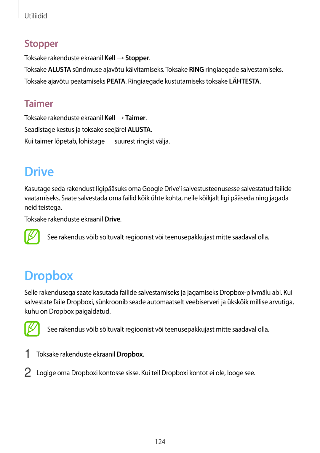 Samsung SM-G900FZDASEB, SM-G900FZWASEB, SM-G900FZKASEB, SM-G900FZBASEB manual Drive, Dropbox, Stopper, Taimer 