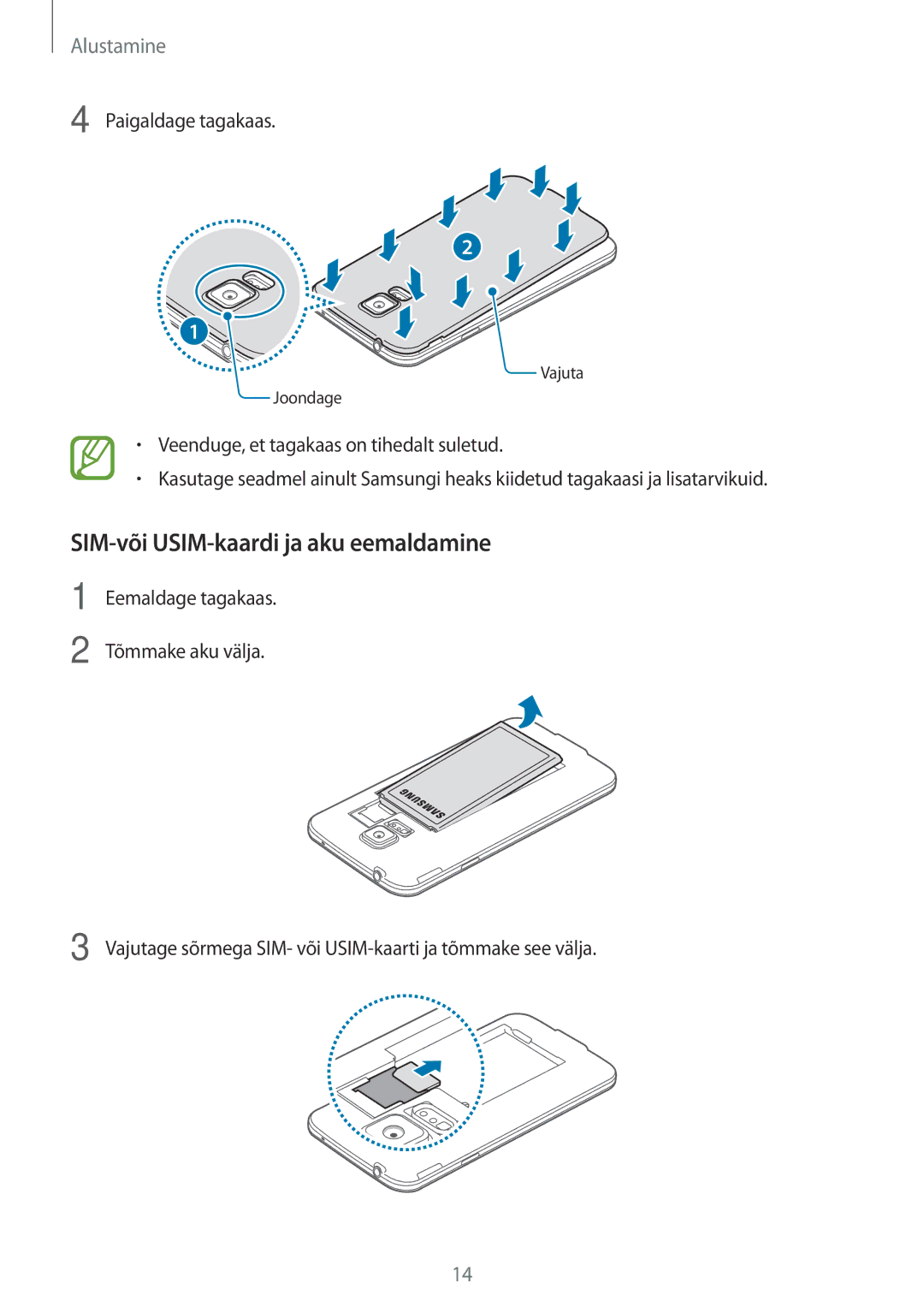 Samsung SM-G900FZKASEB, SM-G900FZDASEB, SM-G900FZWASEB, SM-G900FZBASEB manual SIM-või USIM-kaardi ja aku eemaldamine 