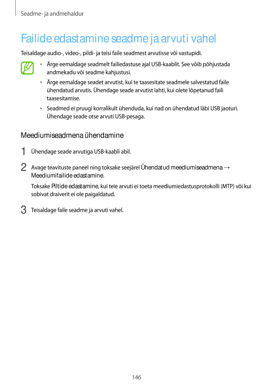 Samsung SM-G900FZKASEB, SM-G900FZDASEB manual Failide edastamine seadme ja arvuti vahel, Meediumiseadmena ühendamine 