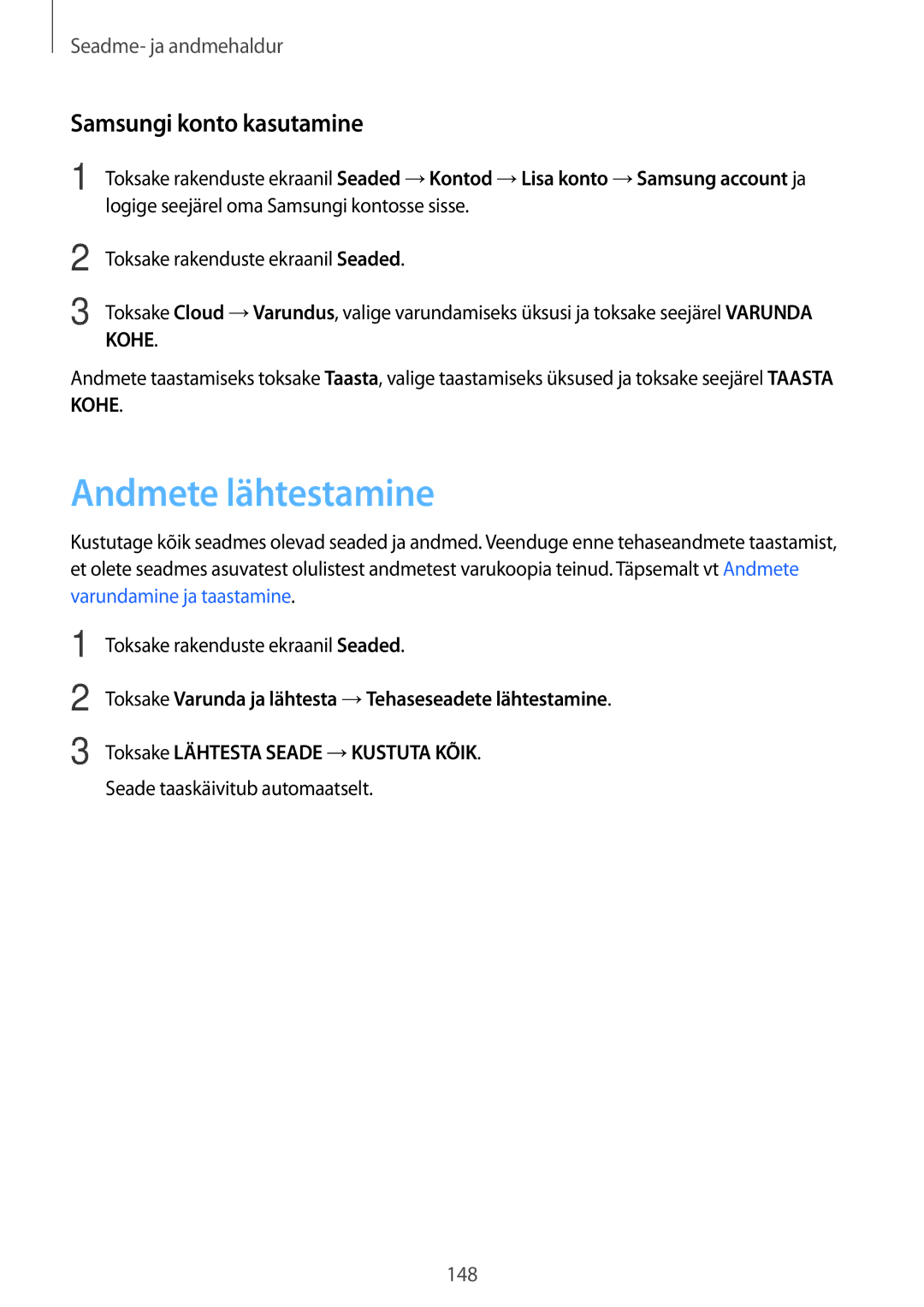 Samsung SM-G900FZDASEB, SM-G900FZWASEB, SM-G900FZKASEB, SM-G900FZBASEB manual Andmete lähtestamine, Samsungi konto kasutamine 