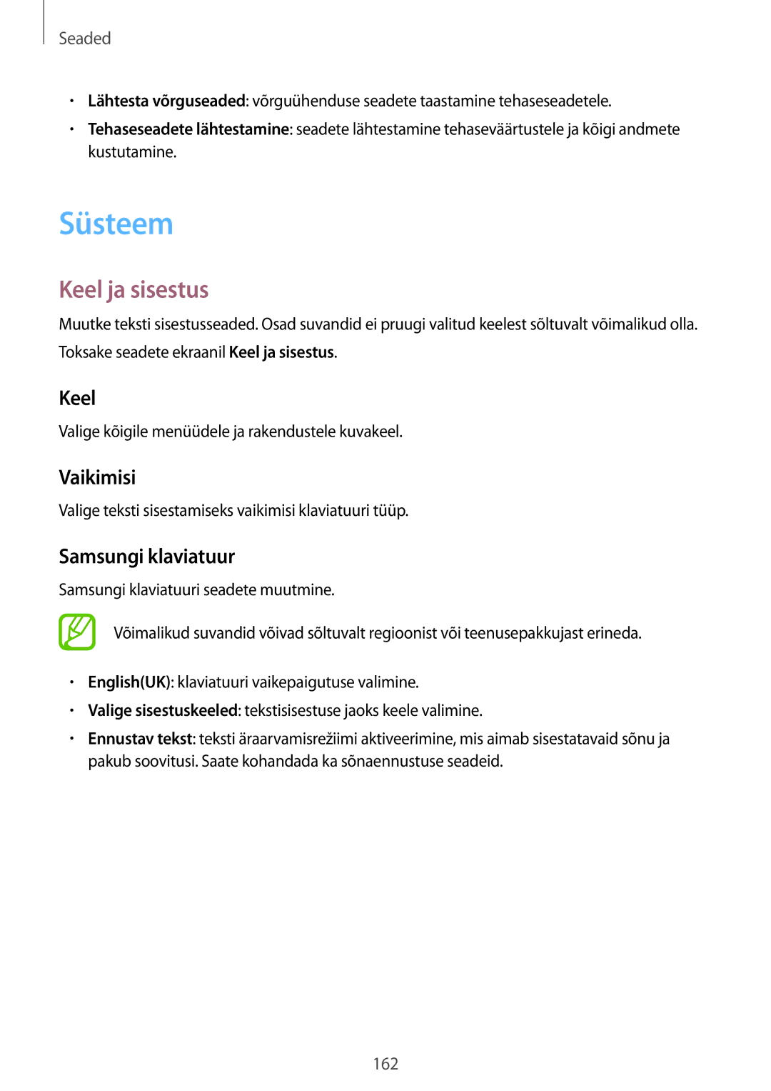 Samsung SM-G900FZKASEB, SM-G900FZDASEB, SM-G900FZWASEB manual Süsteem, Keel ja sisestus, Vaikimisi, Samsungi klaviatuur 