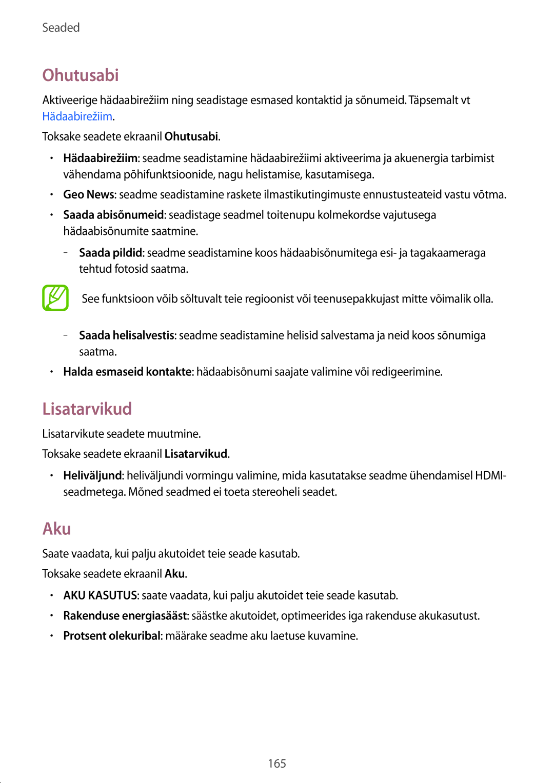 Samsung SM-G900FZWASEB, SM-G900FZDASEB, SM-G900FZKASEB, SM-G900FZBASEB manual Ohutusabi, Lisatarvikud, Aku 