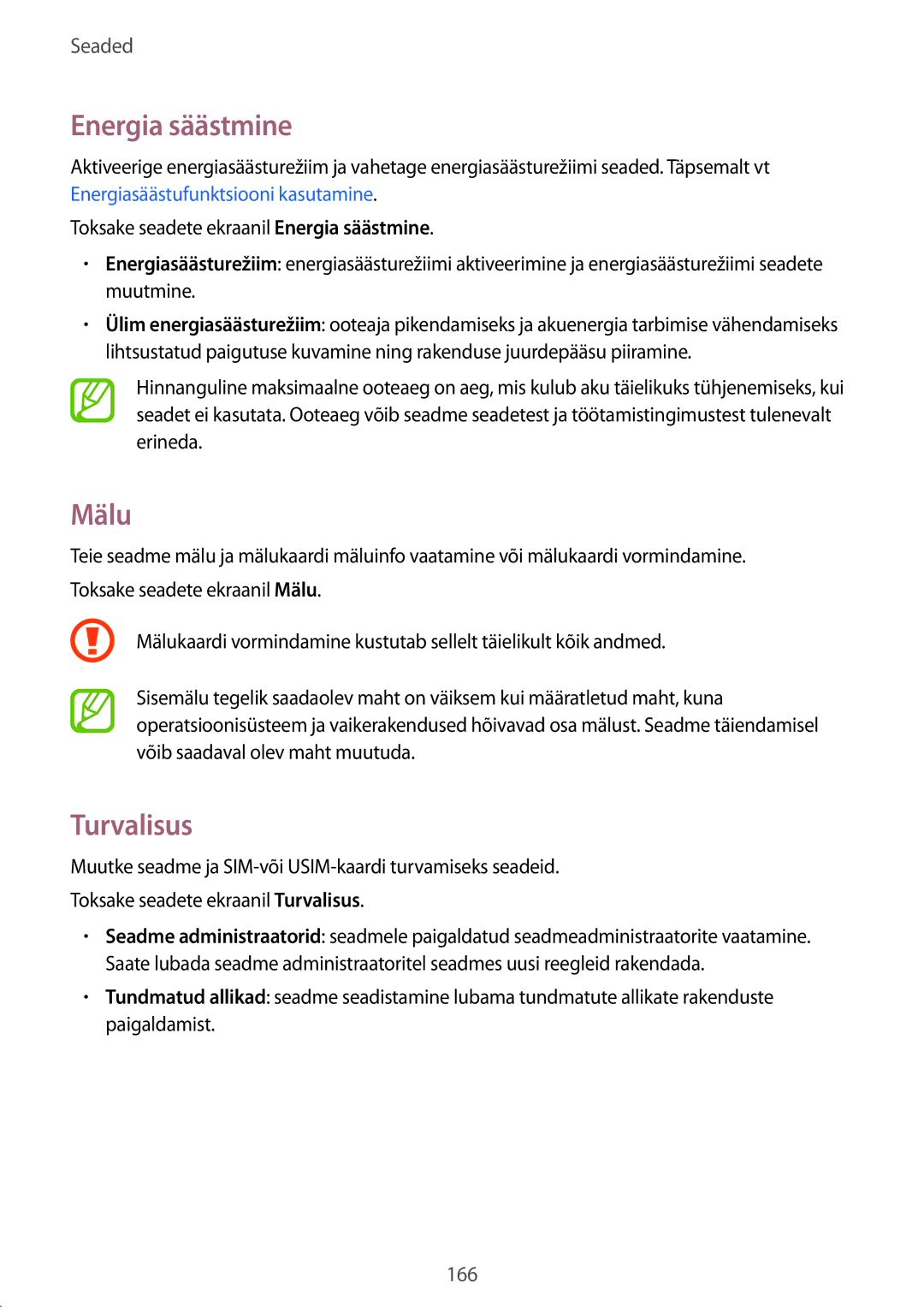 Samsung SM-G900FZKASEB, SM-G900FZDASEB, SM-G900FZWASEB, SM-G900FZBASEB manual Energia säästmine, Mälu, Turvalisus 