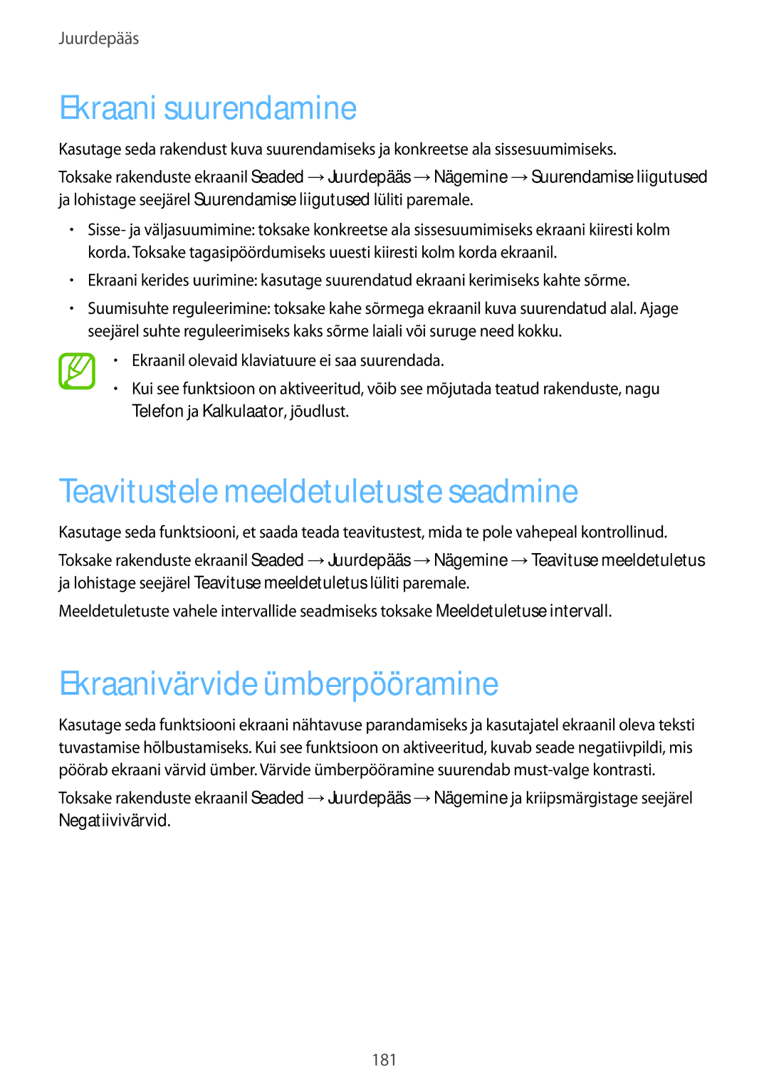 Samsung SM-G900FZWASEB manual Ekraani suurendamine, Teavitustele meeldetuletuste seadmine, Ekraanivärvide ümberpööramine 